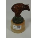 Early 20th Century painted spelter brown bear car mascot on marble alabaster plinth H12cm