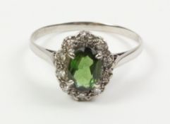 Early 20th century tourmaline and diamond cluster white metal ring unmarked Condition