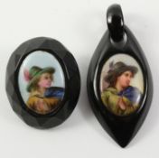 Victorian polished Whitby jet pendant and brooch with hand painted cameo panel Condition