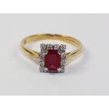 Ruby and diamond square cluster gold ring hallmarked 18ct Condition Report <a