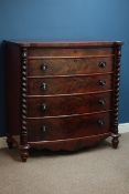 Victorian mahogany bow front four drawer chest, barley twist uprights, on turned feet, W119cm,