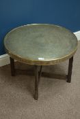 Late 20th century circular benares brass table with stand, D60cm,