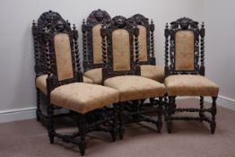 Set six Victorian oak Carolean style dining chairs,