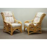 Two seat bamboo conservatory sofa (W126cm), pair matching armchairs (W72cm),