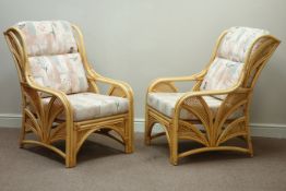 Two seat bamboo conservatory sofa (W126cm), pair matching armchairs (W72cm),