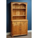 Pine two drawer dresser with plate rack, W92cm, H180cm,