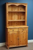 Pine two drawer dresser with plate rack, W92cm, H180cm,