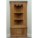 Polished pine corner shelf with cupboard, W74cm,