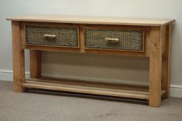 Rectangular oak top kitchen dresser with two wickerwork front drawers, W163cm, H78cm,
