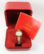 Ladies hallmarked 9ct gold Omega Geneve wristwatch with box and papers approx 30gm gross