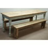 Rectangular dining table with plank top and painted base (204cm x 65cm, H79cm),