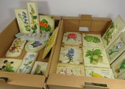 Eighteen Hand painted floral plaques and modern Chinese birth Year mounted on white Jade