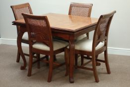Burr walnut extending drawer leaf dining table and four chairs with cane backs Condition