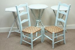 Pair early 20th century painted rush seat chairs, three gypsy tables,