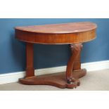 Victorian mahogany demi-lune dressing/console table with hinged top, W107cm, H68cm,