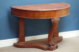 Victorian mahogany demi-lune dressing/console table with hinged top, W107cm, H68cm,