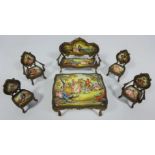 Early 20th Century Austrian enamelled bronze miniature salon suite, comprising musical centre table,