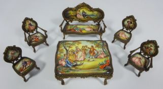 Early 20th Century Austrian enamelled bronze miniature salon suite, comprising musical centre table,