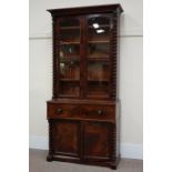 Victorian mahogany secretaire bookcase enclosed by arched glazed doors, barley twist pilasters,