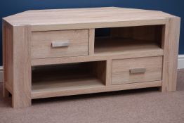 Oak finish corner television stand with two drawers,