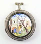 George III silver and enamel pair cased verge automata pocket watch signed James Tuxford Boston no1