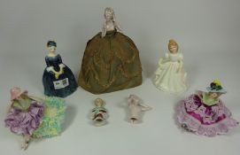 Two Royal Doulton figures 'Amanda' and 'Cherie' and five early to mid 20th Century pin cushion