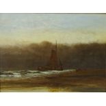 Figures on Beach with Boat on the Shoreline, oil on board monogrammed,