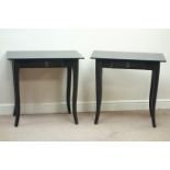 Pair black finish side tables with single drawers, W79cm, H74cm,