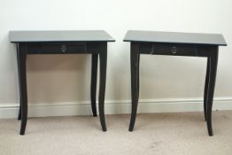 Pair black finish side tables with single drawers, W79cm, H74cm,