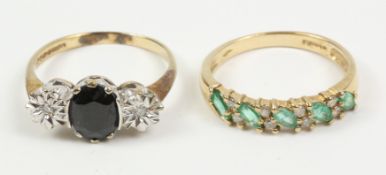 Sapphire and diamond gold ring and an emerald and diamond gold ring both hallmarked 9ct
