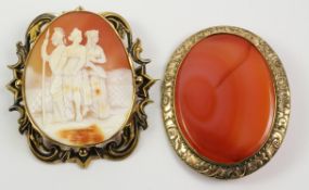 Victorian oval shell cameo brooch carved with a Centurion and two ladies 7cm x 6cm and a Victorian