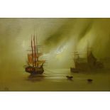 Ships at Sunset, oil on board signed by Barry Hilton (1941-),
