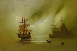 Ships at Sunset, oil on board signed by Barry Hilton (1941-),