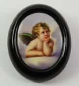 Victorian polished Whitby jet brooch with hand painted cherub panel Condition Report
