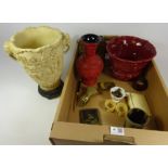 Cinnebar carved Chinese vase, Japanese brass cigarette case,