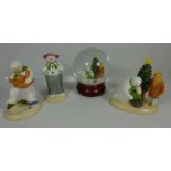 Coalport Snowman glitter globe and three Coalport Snowman figures - limited edition 'Christmas