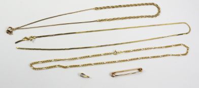 Gold pin, chains etc hallmarked or stamped 9ct approx 12.