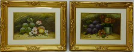 Still Life Studies of Fruit and Flowers, pair of oils on board signed by Evelyn Chester (1875-1929),