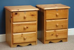 Pair pine three drawer bedside chests, W47cm, H58cm,