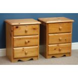 Pair pine three drawer bedside chests, W47cm, H58cm,