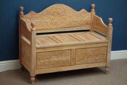 Carved teak bench with blanket box seat, turned finials, W100cm, D48cm,