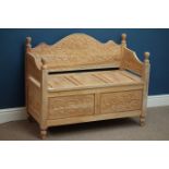 Carved teak bench with blanket box seat, turned finials, W100cm, D48cm,