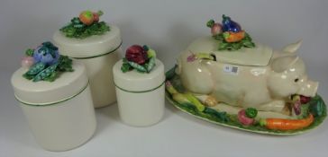 Fitz and Floyd Large Pig Soup Tureen and a set of three matching Fitz and Floyd storage jars (4)