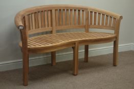 Solid teak garden bench, curved back with serpentine seat,