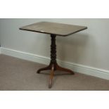 Early 19th century rectangular mahogany tilt top table, turned column with three splay legs,