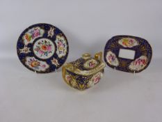 Early 19th century sugar bowl cover & teapot stand painted with flowers on blue & gilt ground,