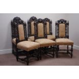 Set six Victorian oak Carolean style dining chairs,