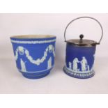 Wedgwood blue Jasper ware jardiniere & a similar biscuit barrel with EPNS cover and handle (2)