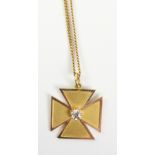 Diamond set Maltese cross pendant stamped 15c approx. 4 gm on chain necklace stamped 9ct approx.