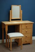 Pine four drawer pedestal dressing table with swing mirror and stool, W99cm, H77cm,